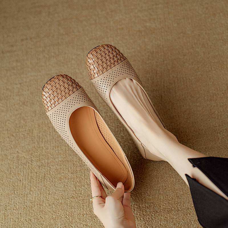 Krazing Pot Cow Skin Weaving Summer Size 41 Low Heels Party Shoes Women Square Toe Gladiator Mixed Color Hollow Out Pumps