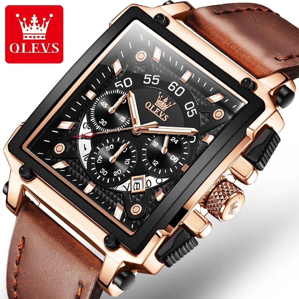 OLEVS 9919 Herrenuhr Mode Quadratisches Zifferblatt Lederarmband Chronograph Wasserdichte Sportuhr Luxus Original Quarz Armbanduhr Mann