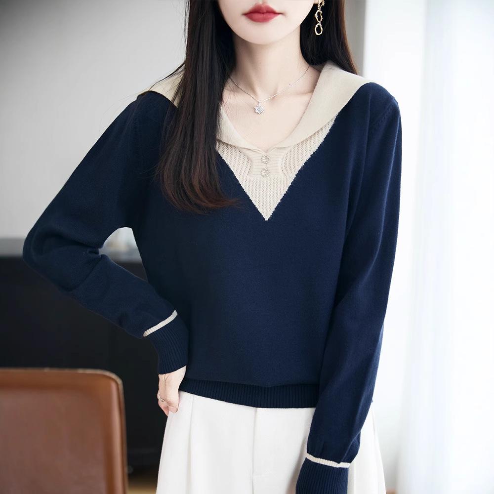 

Двухкомпонентный свитер с ложным воротником-стойкой, Женский модный вязаный свитер, Свободный топ, Универсальный вязаный свитер XXL тёмно-синий