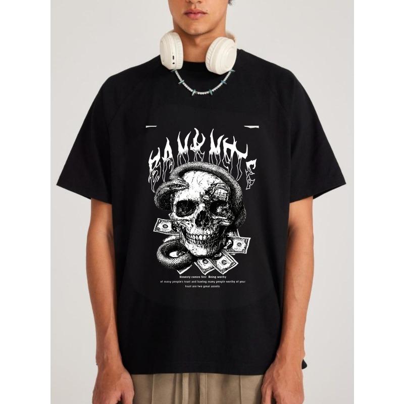 Black T Shirt with Skull Money and Bandana Print for Streetwear Fashion Men Casual Wear