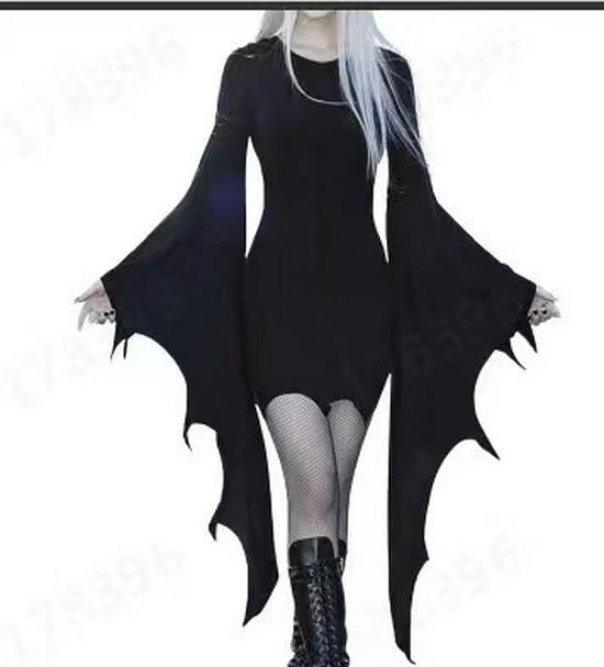 Women s Black & Red Halloween Long Dress, Lace-up Collar, Round Neck XL