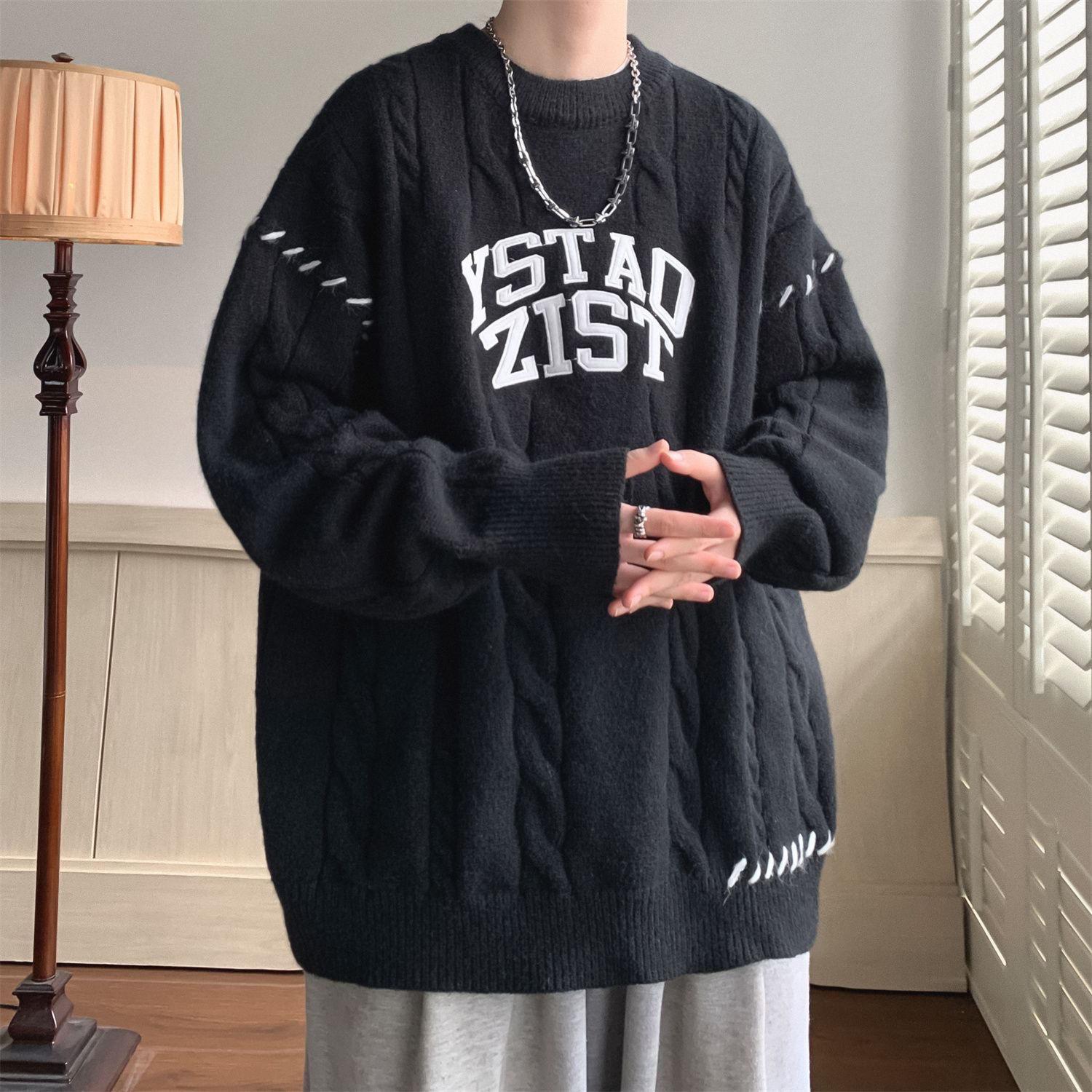

Осенне-зимний тренд, ретро-мужской уличный индивидуальный свитер с круглым вырезом и буквенным принтом, американская версия, повседневный свитер для пары в стиле хип-хоп 2XL чёрный