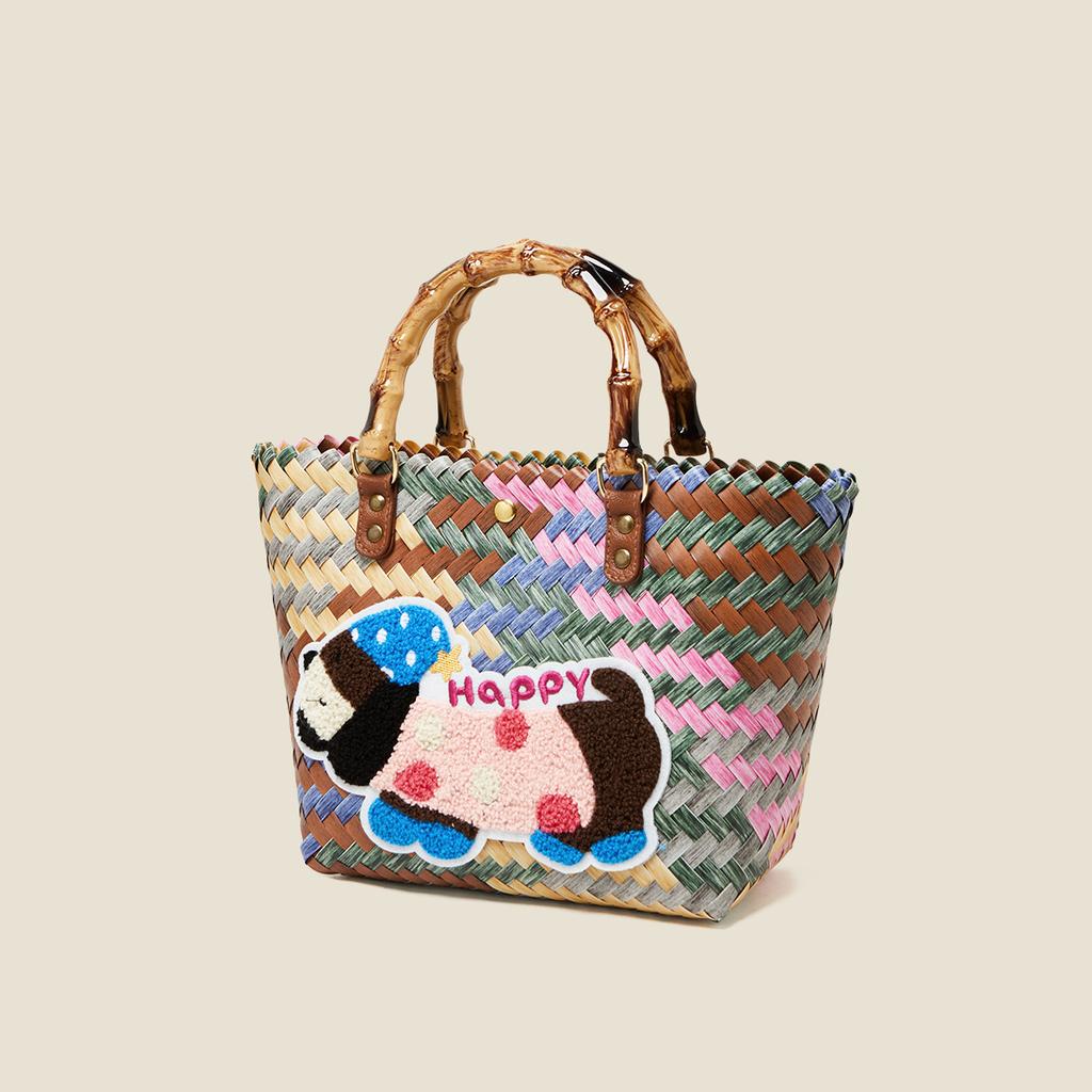 2025 New Dachshund Handwoven Bag Vegetable Basket Rattan Handbag Office Sundries Small Tote Picnic Bag