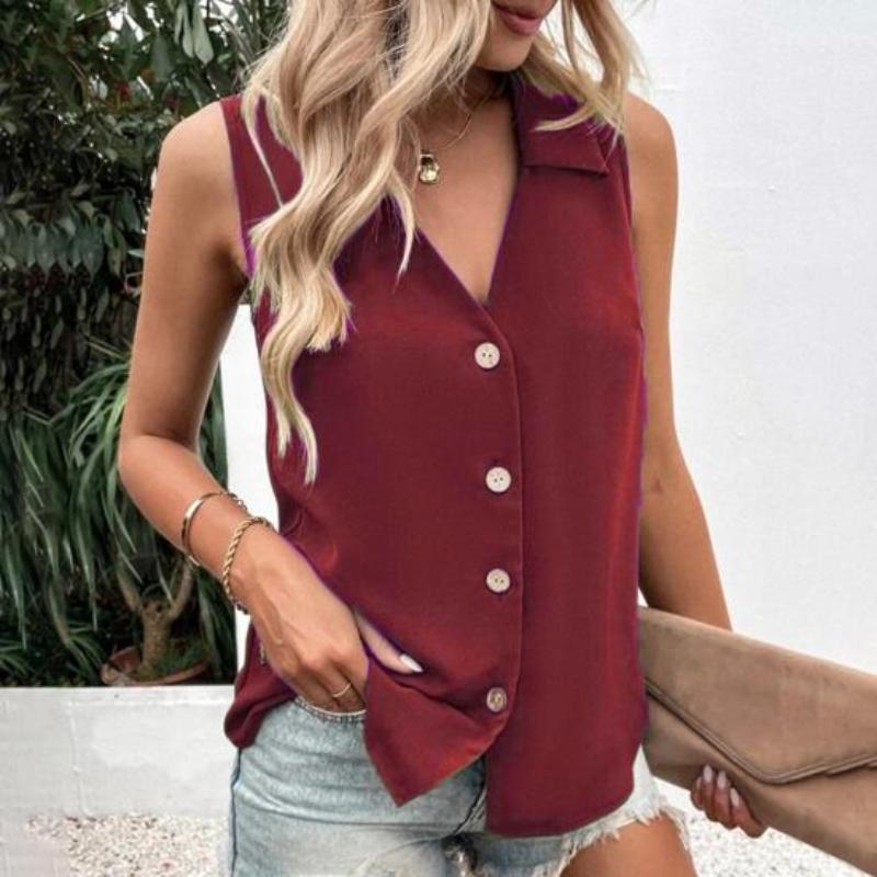 Women Casual Summer Vest Tshirt Solid Color Tank Top Oversize Vneck Sleeveless Button Singlebreasted Mid Length Soft Breathable Female Clothes