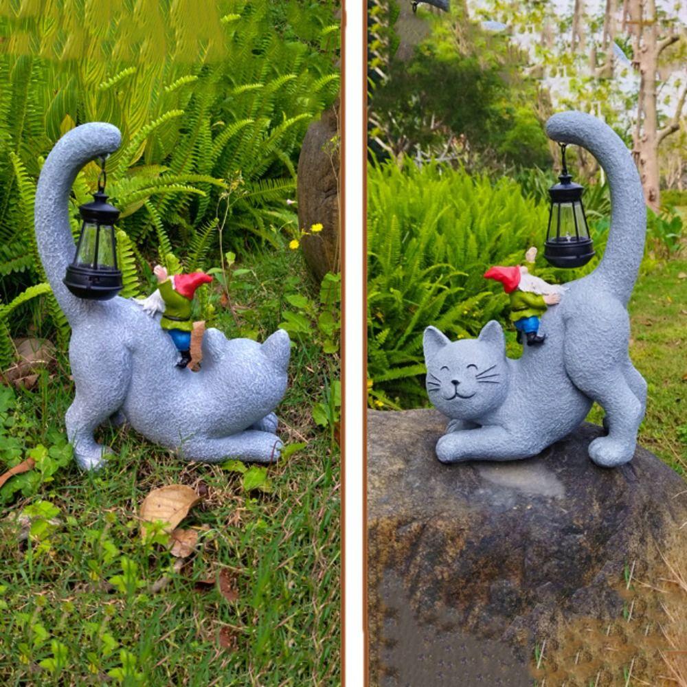 Resin Cat Elf Solar Ornament Creative Cute Animal Statue Light Waterproof Vivid Garden Figurines Sculptures Lamp Birthday