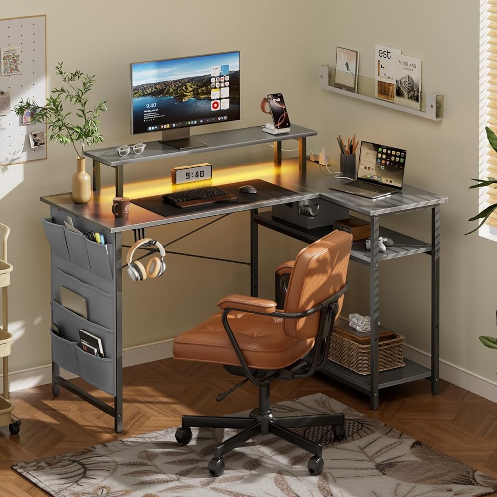 HLFURNITURE Gaming Desk L-Shaped with Adjustable Shelf Monitor Stand and Side Storage Pocket Gray