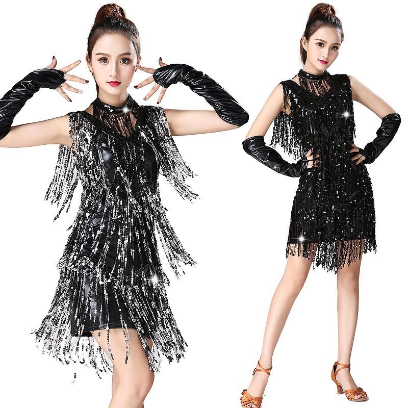 Latin Dance Dress With Fringe Sequins Sleeveless Performance Skirt Competition Party Show