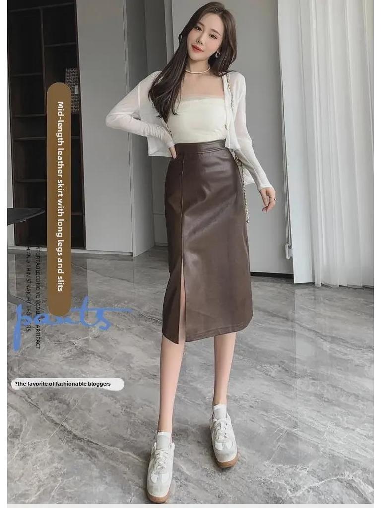 2024 Autumn/Winter High-Waisted PU Leather Bodycon Midi Pencil Skirt