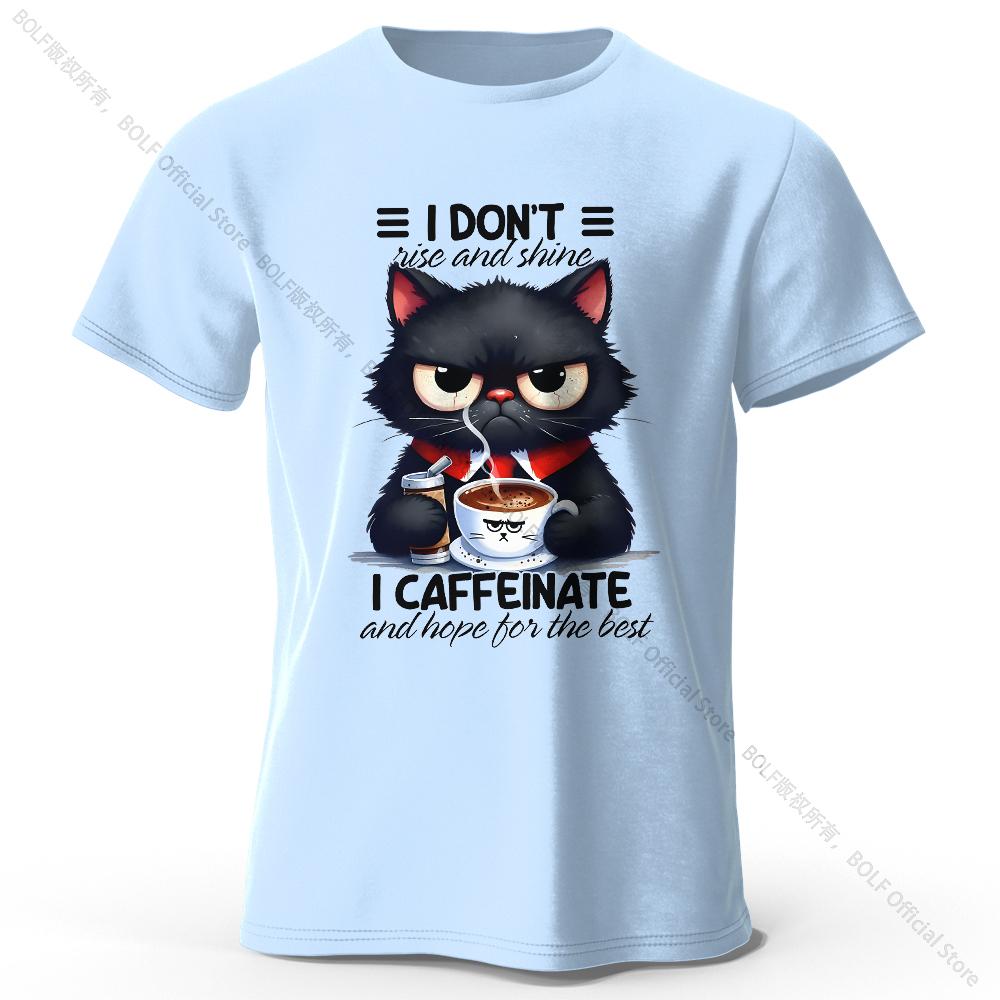 Coffee Loving Cat Print 100% Cotton T-Shirt, Soft & Breathable Round Neck Short Sleeve Tee, Unisex Fun & Quirky Style