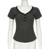 Koreanische Mode Gestreiftes V-Ausschnitt mit Knöpfen Schlankmachende T-Shirts Damen Sommer Kurzarm Oberteil Tees Y2K Ästhetik Neu