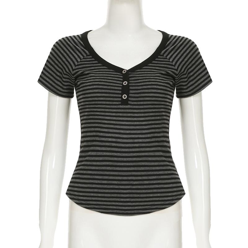 Koreanische Mode Gestreiftes V-Ausschnitt mit Knöpfen Schlankmachende T-Shirts Damen Sommer Kurzarm Oberteil Tees Y2K Ästhetik Neu