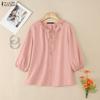 ZANZEA Women Casual Round Neck Loose 3/4 Sleeve Plain Blouse