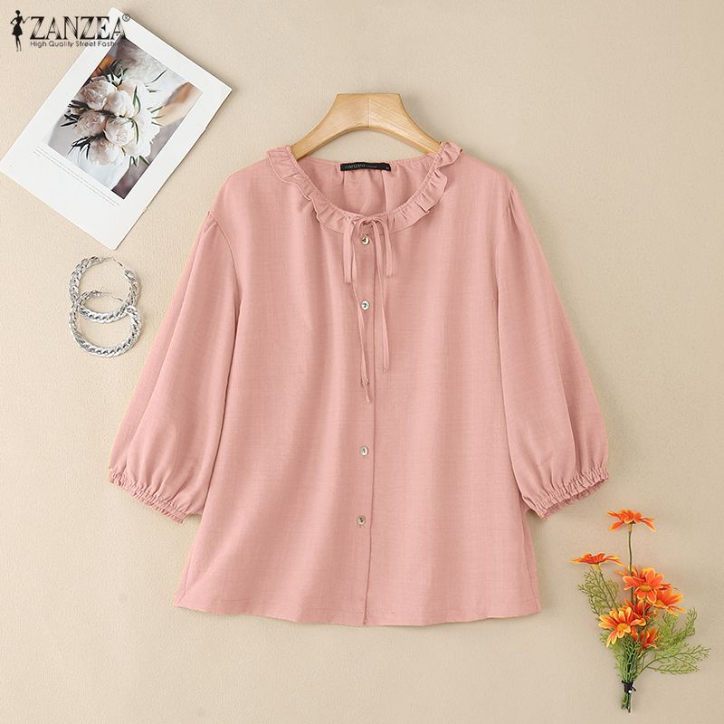 ZANZEA Women Casual Round Neck Loose 3/4 Sleeve Plain Blouse