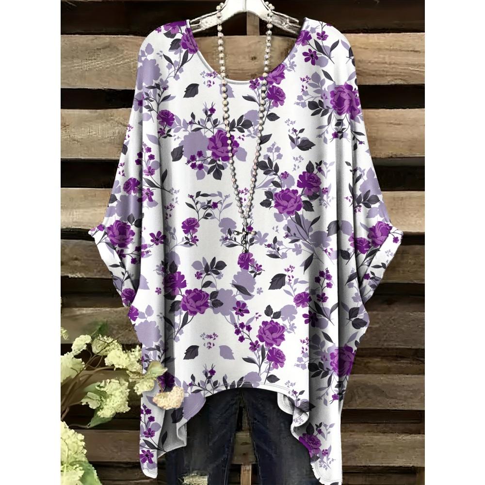 Haine de Vară Femei 2025 Albastru Marin și Alb cu Imprimeu Floral Elegant Versatil Design Decolteu Rotund Mânecă Scurtă Top Y2k pentru Femei