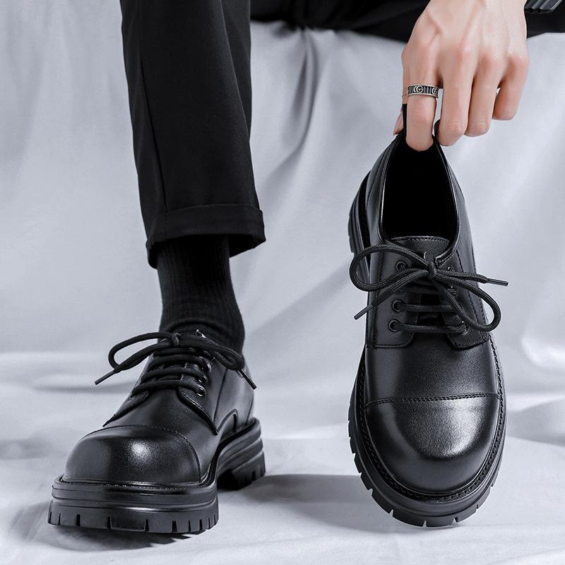 Fashion Casual English Platform Derby Shoes for Men Fashion Cow Leather High Sense Black Wedding Groom Low-top Platform Shoes Man