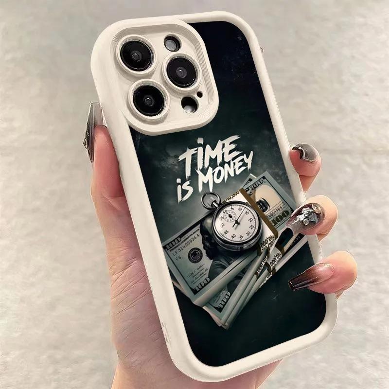 Luxury Phone Case For iPhone 16 15 14 12 11 13 Pro Max Time is Money Printed Soft Cover For iPhone 16E 15 16 Plus 7 8 Case Cover