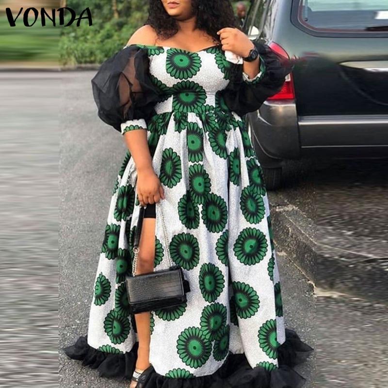 

VONDA летнее женское длинное платье с открытыми плечами и пышными рукавами вечернее кружевное лоскутное платье с цветочным принтом