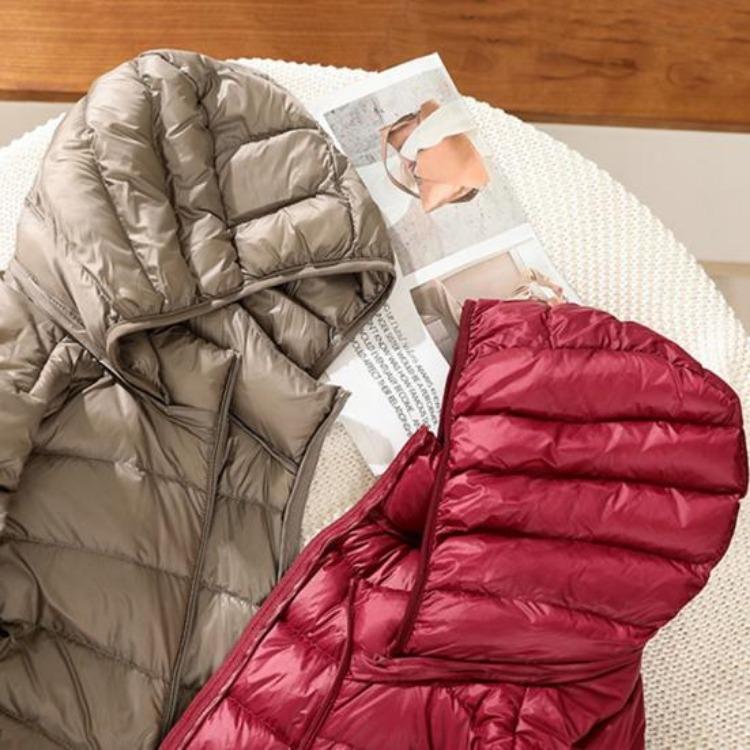 Women Plus Size Winter Down Coat Slim Fit Mid Length Hooded Windproof Warm Padded Long Sleeves Solid Color Zipper Closure