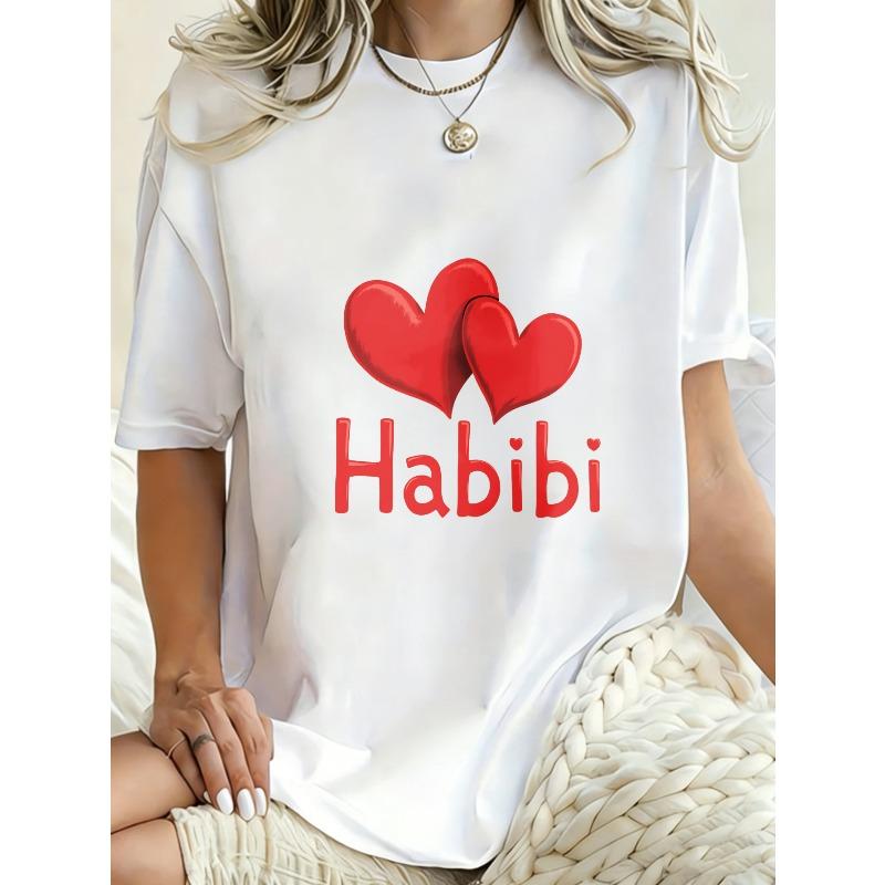 Oversized T Shirt Black Two Red Hearts And Habibi Text Print Casual Streetwear Fashion For Women