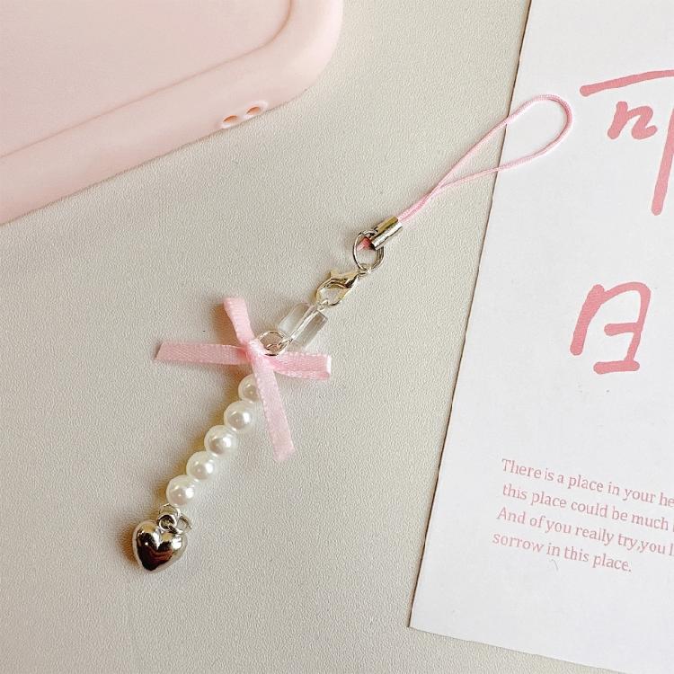 Fashion Bowknot Heart Bead Hanging Pendant Sweet Phone Strap Bag Decoration Portable Hanging Lanyard for Girls Women