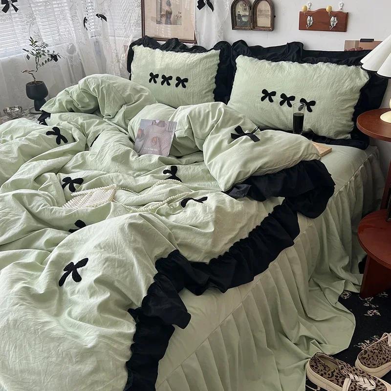 Black Bow Cotton Bedding Set, Princess Style Cute Girl Skin Friendly Soft Duvet Cover, Bed Sheet or Bed Skirt Pillowcase