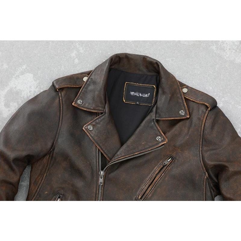 Chinesische Größe Rindsleder Ledermantel Herren Retro Distressed Motorrad Fahrradbekleidung Trendy Jugend LapeSpring und Herbst Mantel
