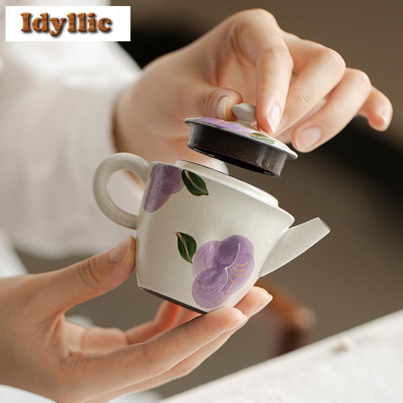 100ml Powder Yin Hand-painted Camellia Teapot Ancient Tea Infuser Pot Tea Making Kettle With Filter Tea Ceremony Collection Gift