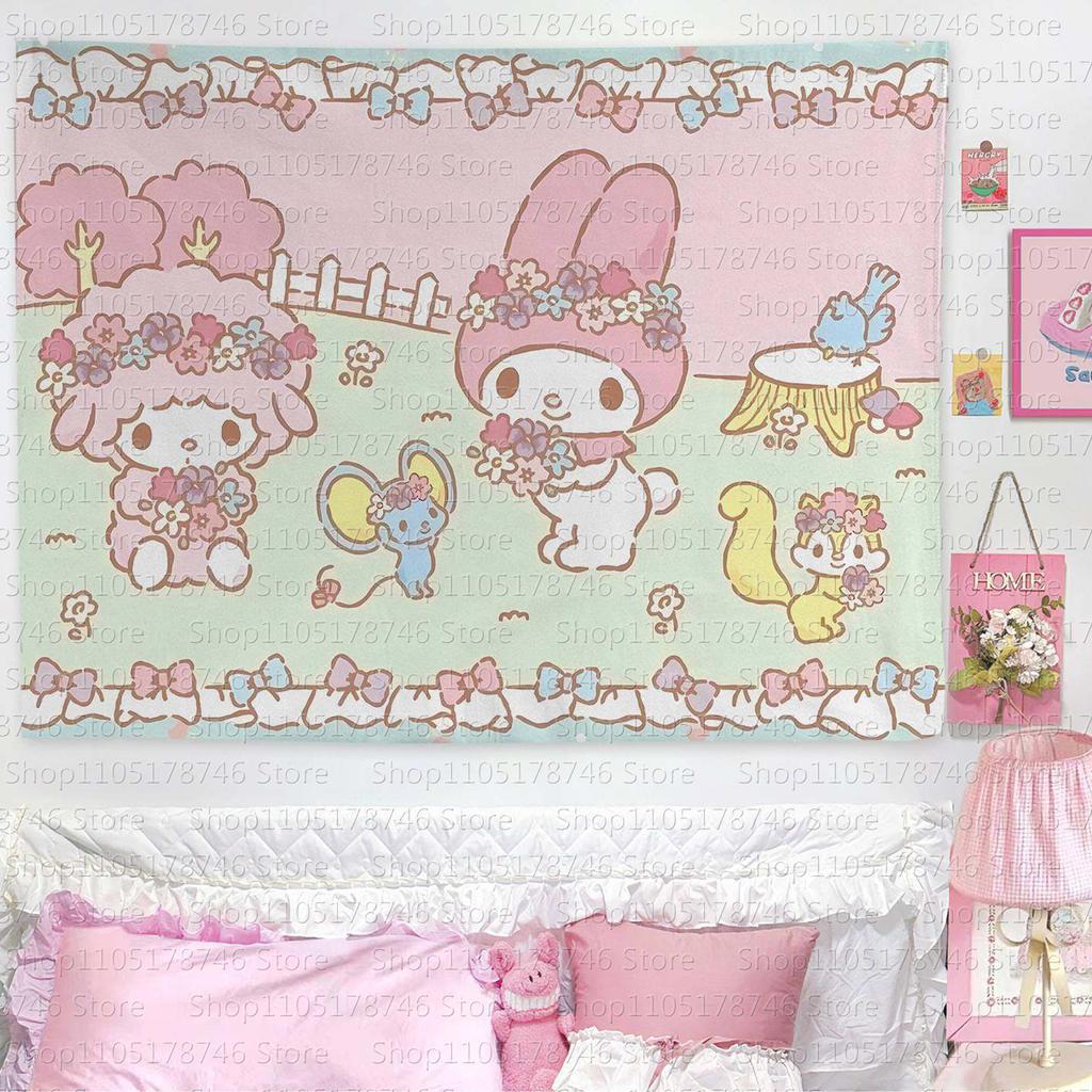 Sanrio Melody and Sweetheart Piano Printed Tapestry Cartoon Theme Bedroom Decoration Suitable for Dormitory Home Decoration