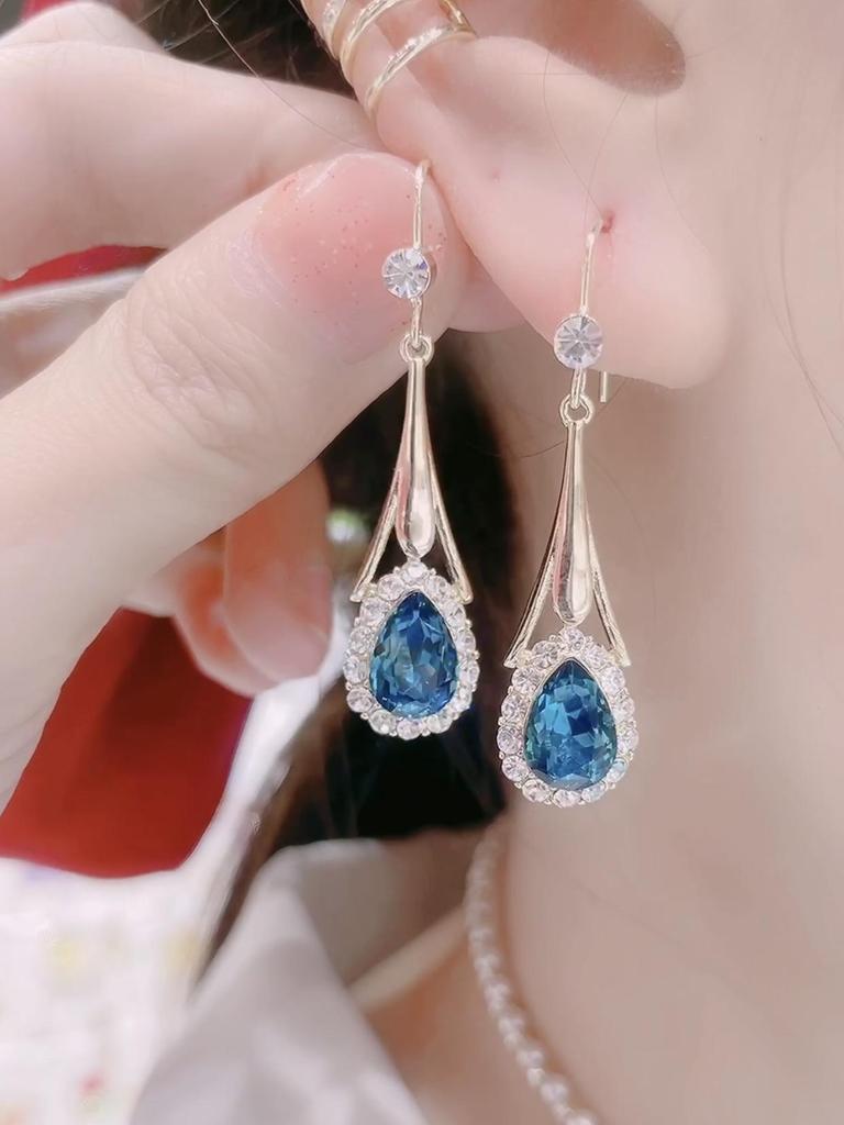 Korean Style Crystal Blue Heart Earrings for Women - Trendy, Elegant Hooks 2021