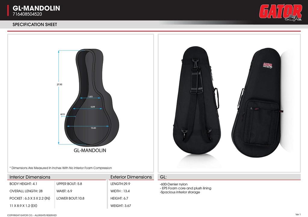 GATOR Lightweight Semi-Hard Case for Mandolin, GL Guitar Series, Made of EPS (GL-MANDOLIN)