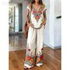 Travel essentials printed two-piece set, vintage elegance V-neck top, loose hierarchy wide-leg pants, vacation style