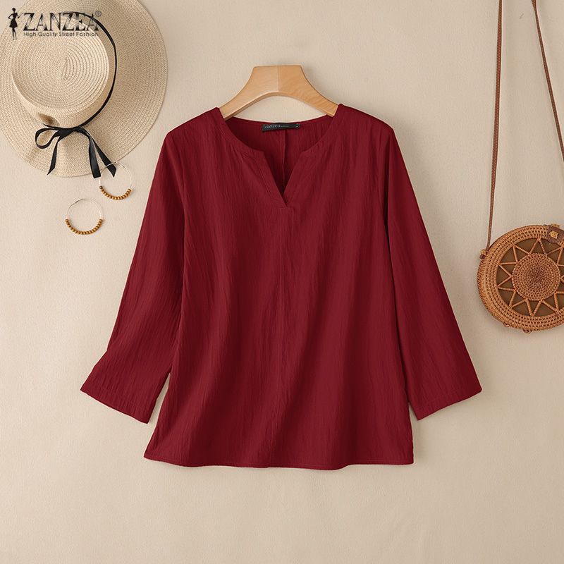 ZANZEA Women Casual V-Neck Solid Color 3/4 Sleeve Loose Blouse