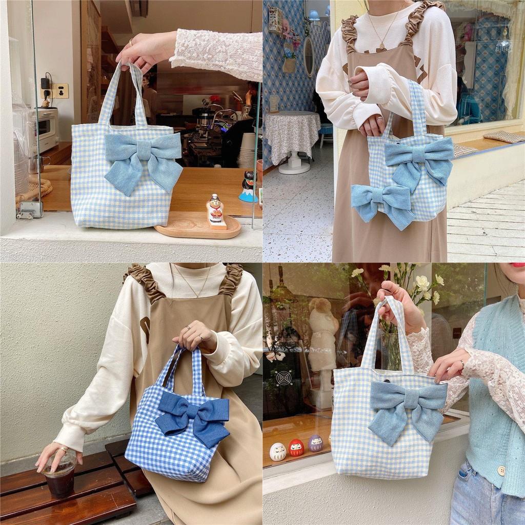 Entzückende weiche Canvas-Lunchtasche mit Karomuster und Schleife für den täglichen Gebrauch süßer Mädchen