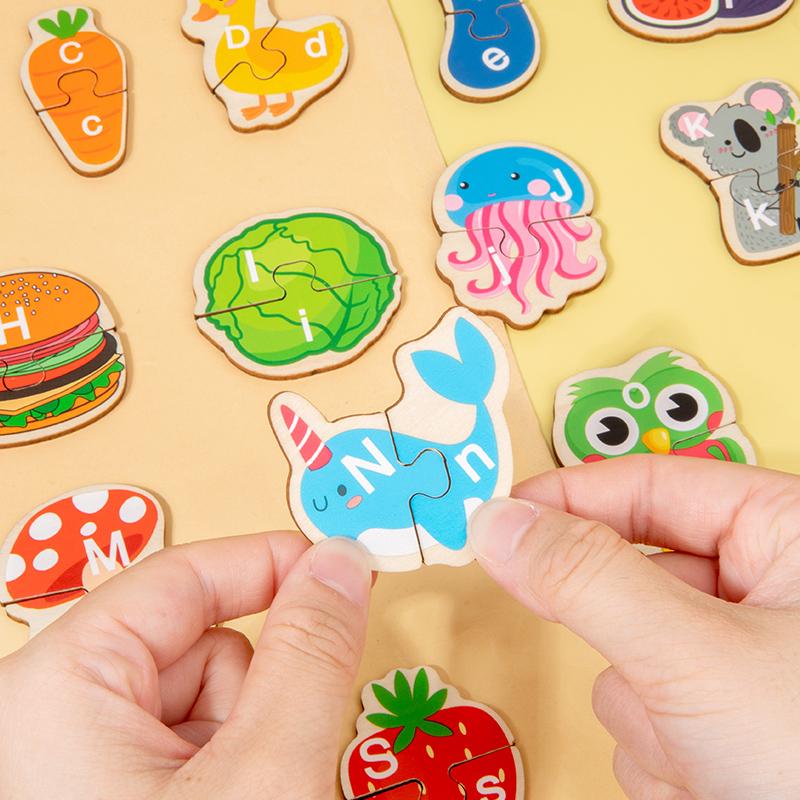 Montessori 3D Wooden Alphabet Puzzle Cartoon Animal Fruit and Vegetable Jigsaw Early Educational Toys Gifts for Toddlers Kids