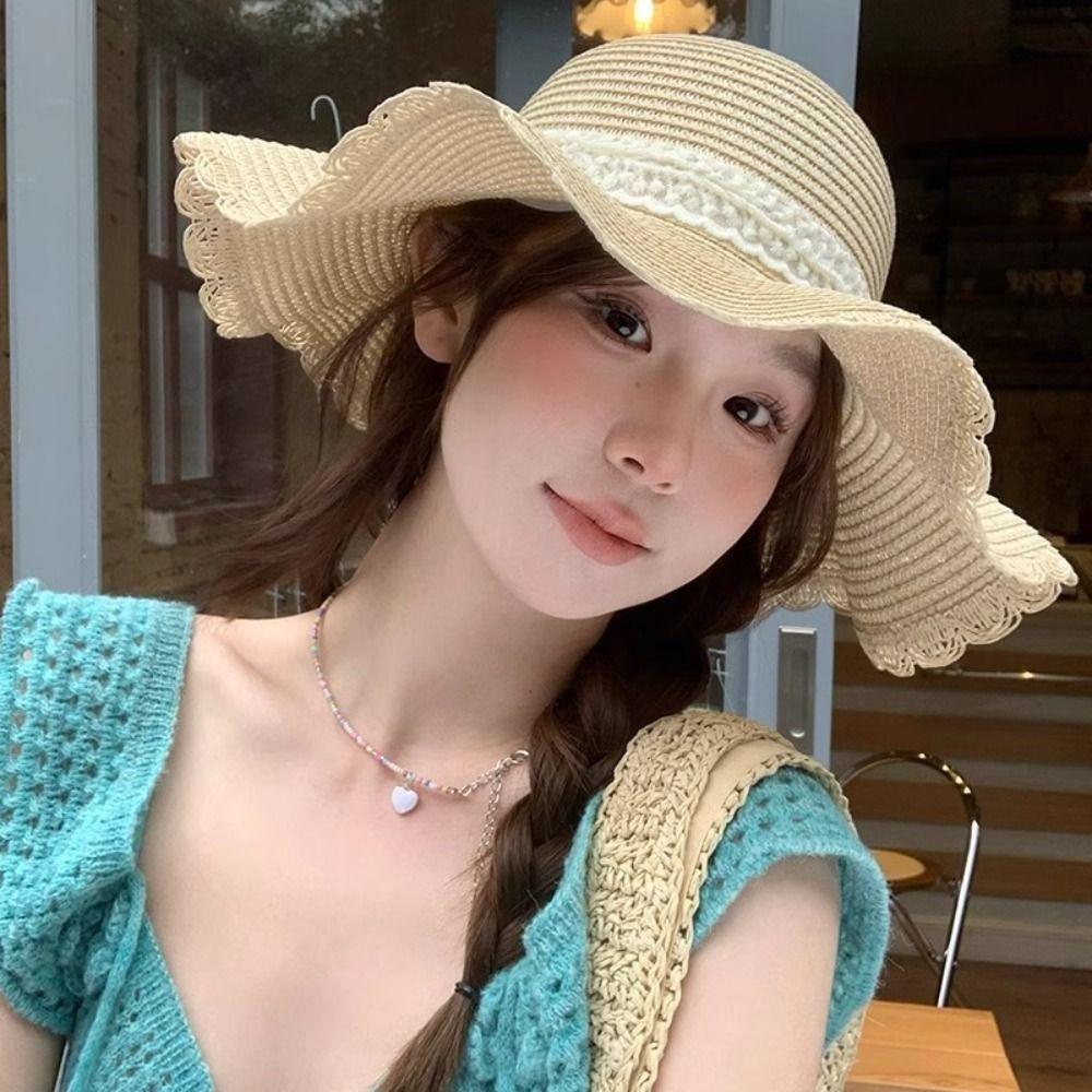 French Style Lace Bow Straw Hat Big Brim Women's Sun Hat Elegant Beach Straw Hat  Girls