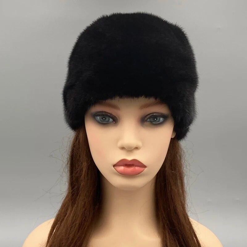 Chapéu de pele de vison natural para mulheres, chapéus quentes de inverno com bolas, chapéu preto luxuoso de natal, cabeça ajustável, tamanho 55-62cm