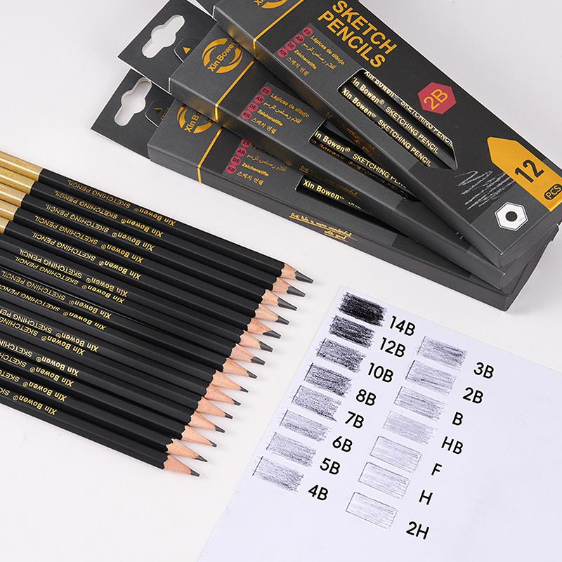 12Pcs/Box Wooden Lead Pencils Hb-14B High-Quality Art Draw Specific Graphite Core Sketching Writing Stationery Supplies