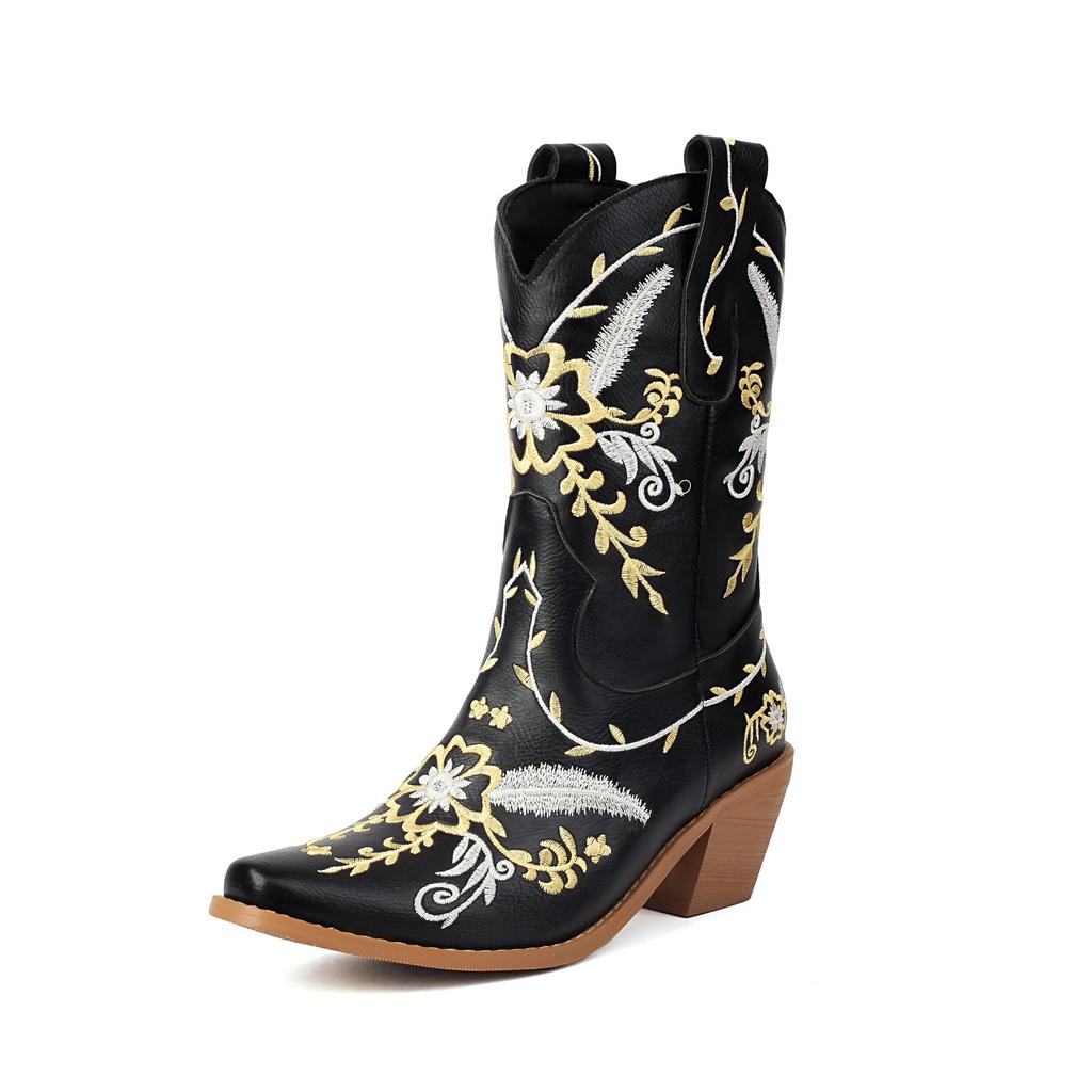 Fashion IPPEUM Cowboy Boots For Women Brown Ankel Block Heel Embroider Silver Pu Leather Plush Size 35-46 Western Cowgirl Shoes