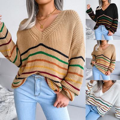 Women’s Knitted Jumper Casual V Neck Long Sleeve Rainbow Stripes Knitted Pullover Sweater Knit Pullover Tops Knitwear