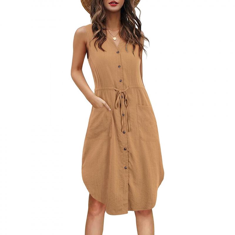 European and American Sleeveless V-neck Button Lace-up Dress with Pockets - Elegant Women s Fashion 2026 Small хаки