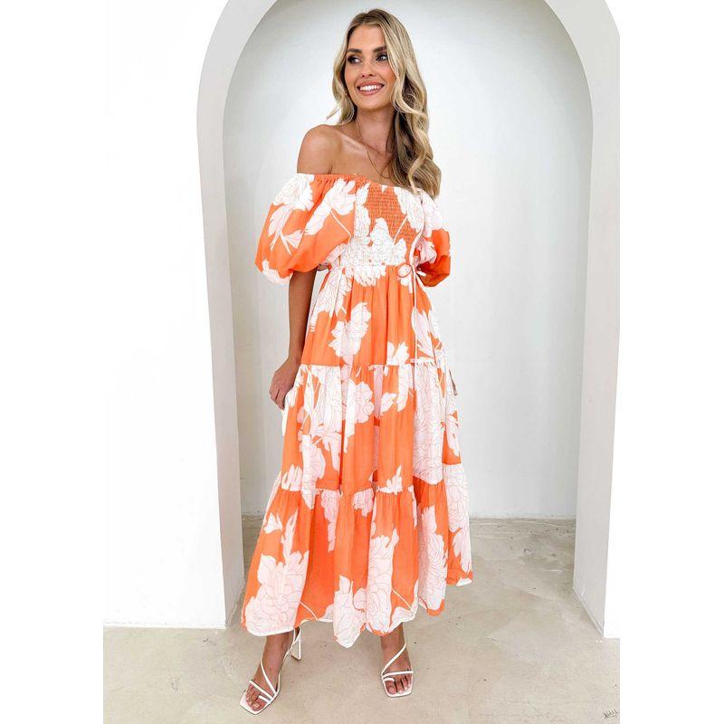 

Printed One-Shoulder Dress Temperament Elegant Print off-Shoulder Puff sleeve European and American Dress Orange White Print M