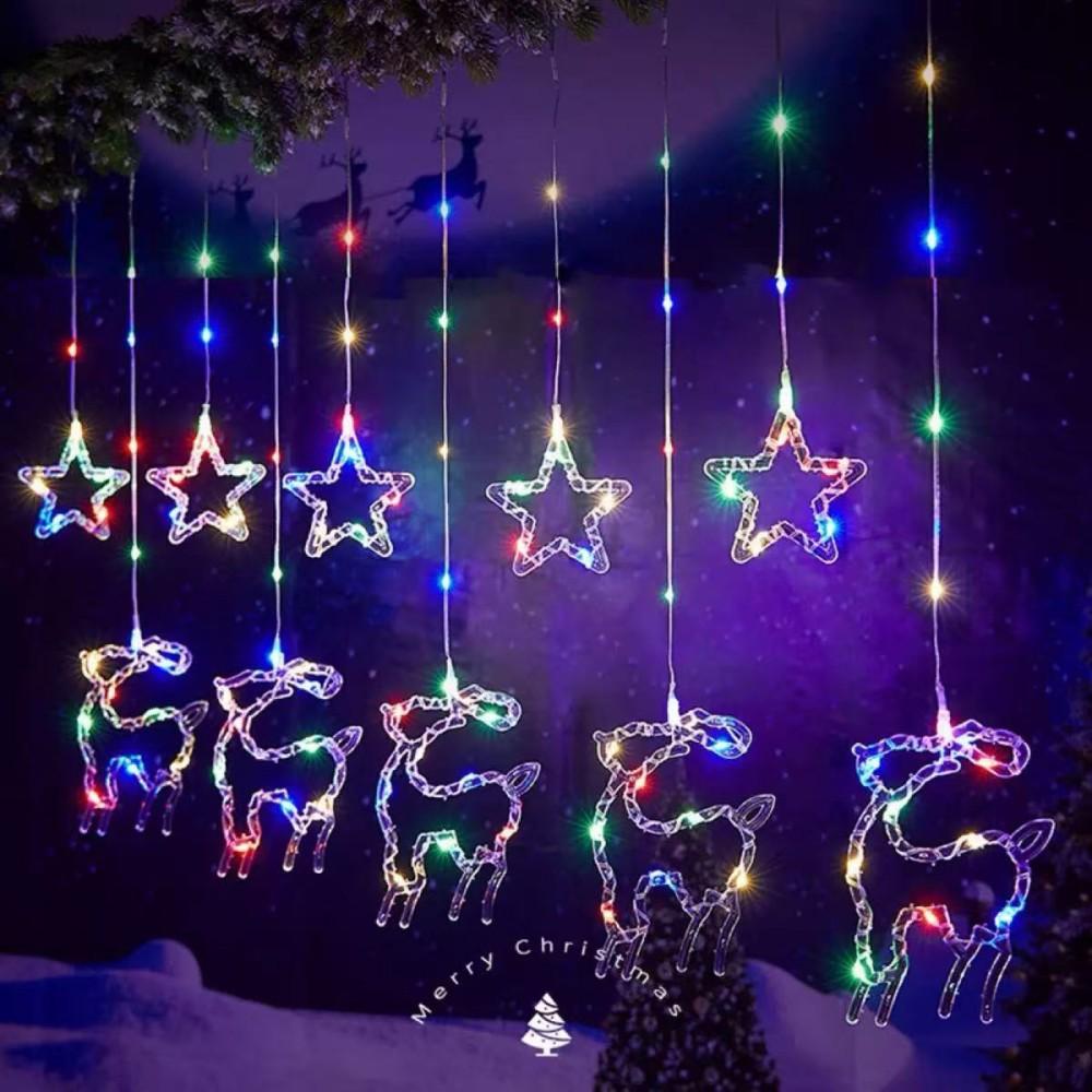 LED Star Moon Window Curtain Lights with USB Remote Control Christmas Five-Point Star Moon Snowflake String Lights