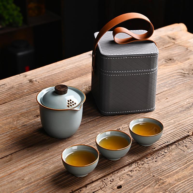 Ru Kiln Set Travel Tea Set Kuaike Cup One Pot Three Cups Storage Bag Portable Outdoor Souvenir Gifts