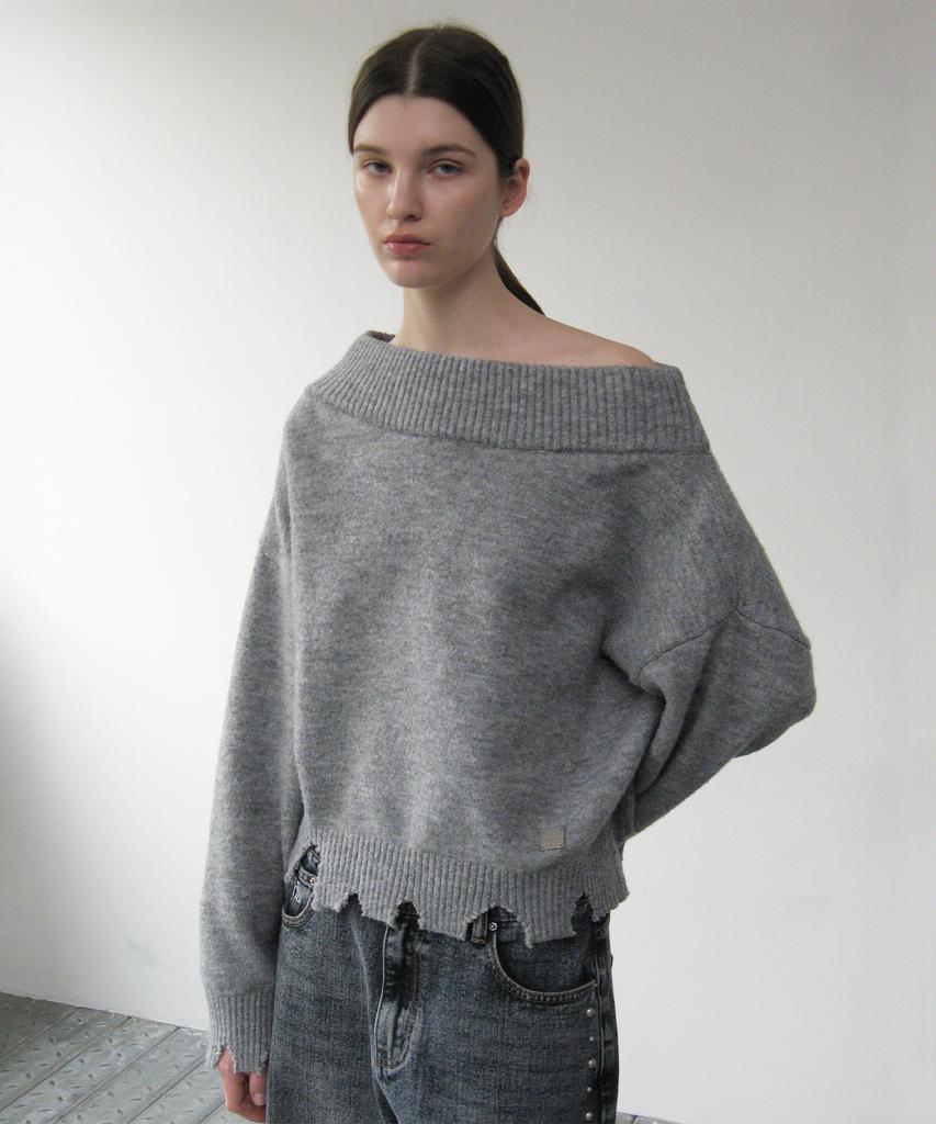ROCKCAKE Off Shoulder Damaged Knit - Gray