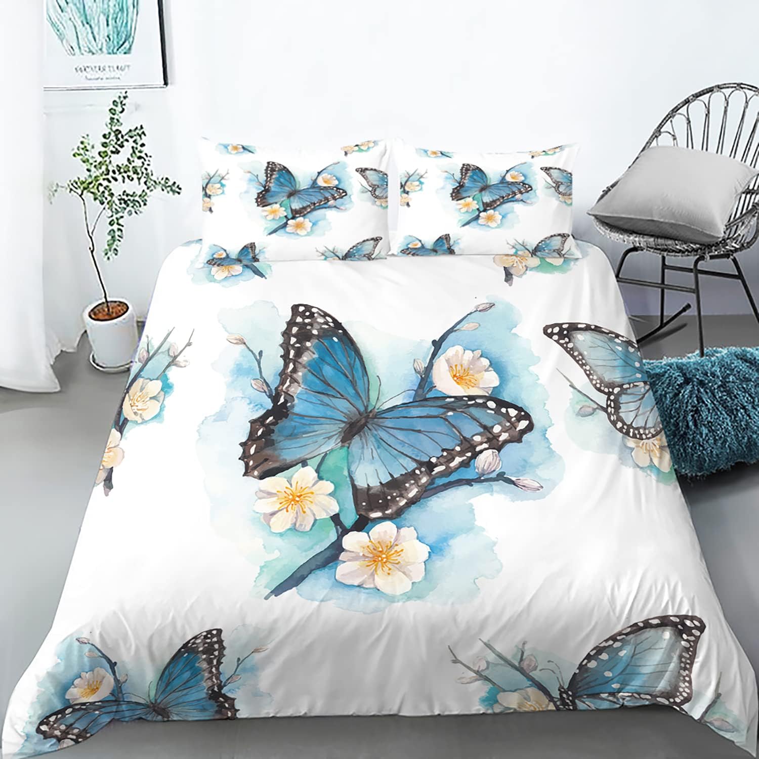 King Size Butterfly Bedding Set Blue Purple Butterflies Printed Comforter Cover For Girls Kids Teens - Complete Bedding Set 90X200cm