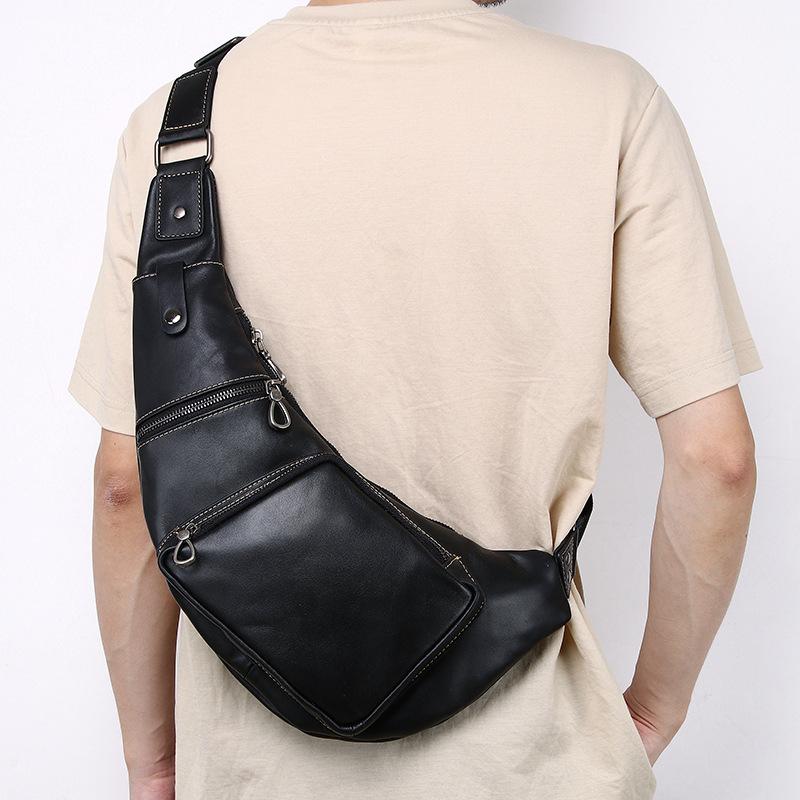 Leather Men'S Chest Bag First Layer Cowhide Large Capacity Fashion Breast Bag Crossbody Outdoor Leisure Bag
