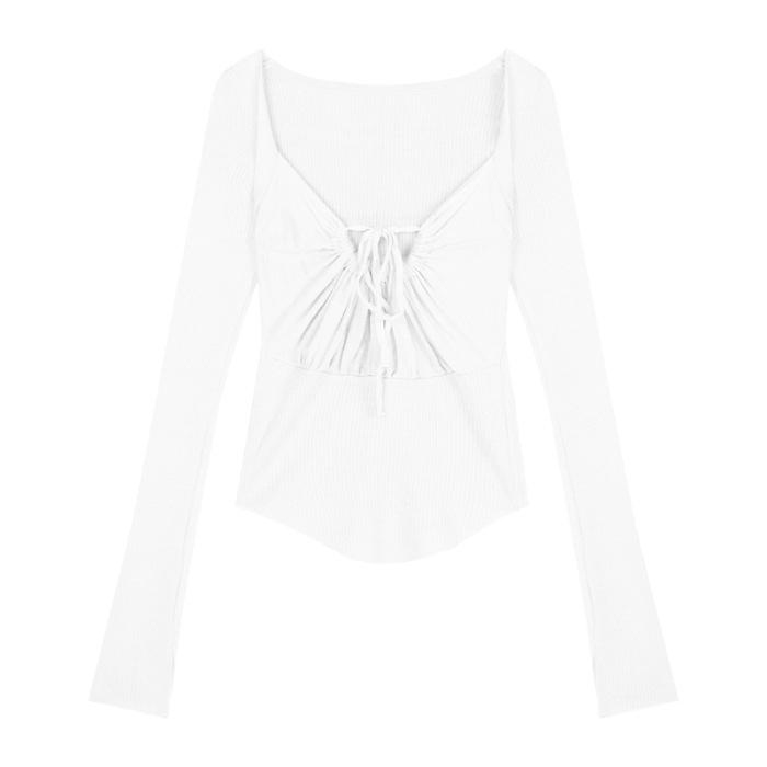Spice Girl Sexy Foreign Style Fashion Drawstring Strap Square Neck Long Sleeve T-Shirt Autumn New Flared Sleeve Slim Skinny Top