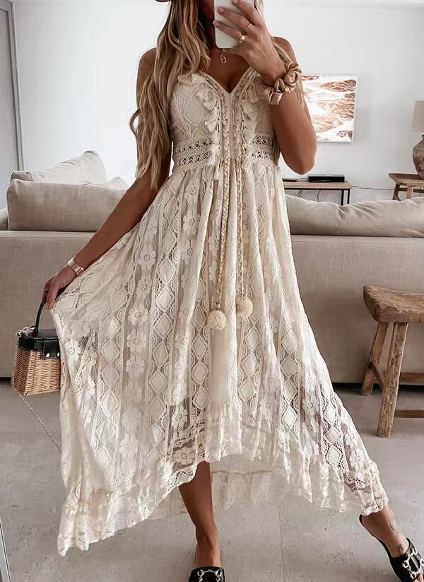 Summer European Style Spaghetti Strap Solid Color Maxi Dress Wear