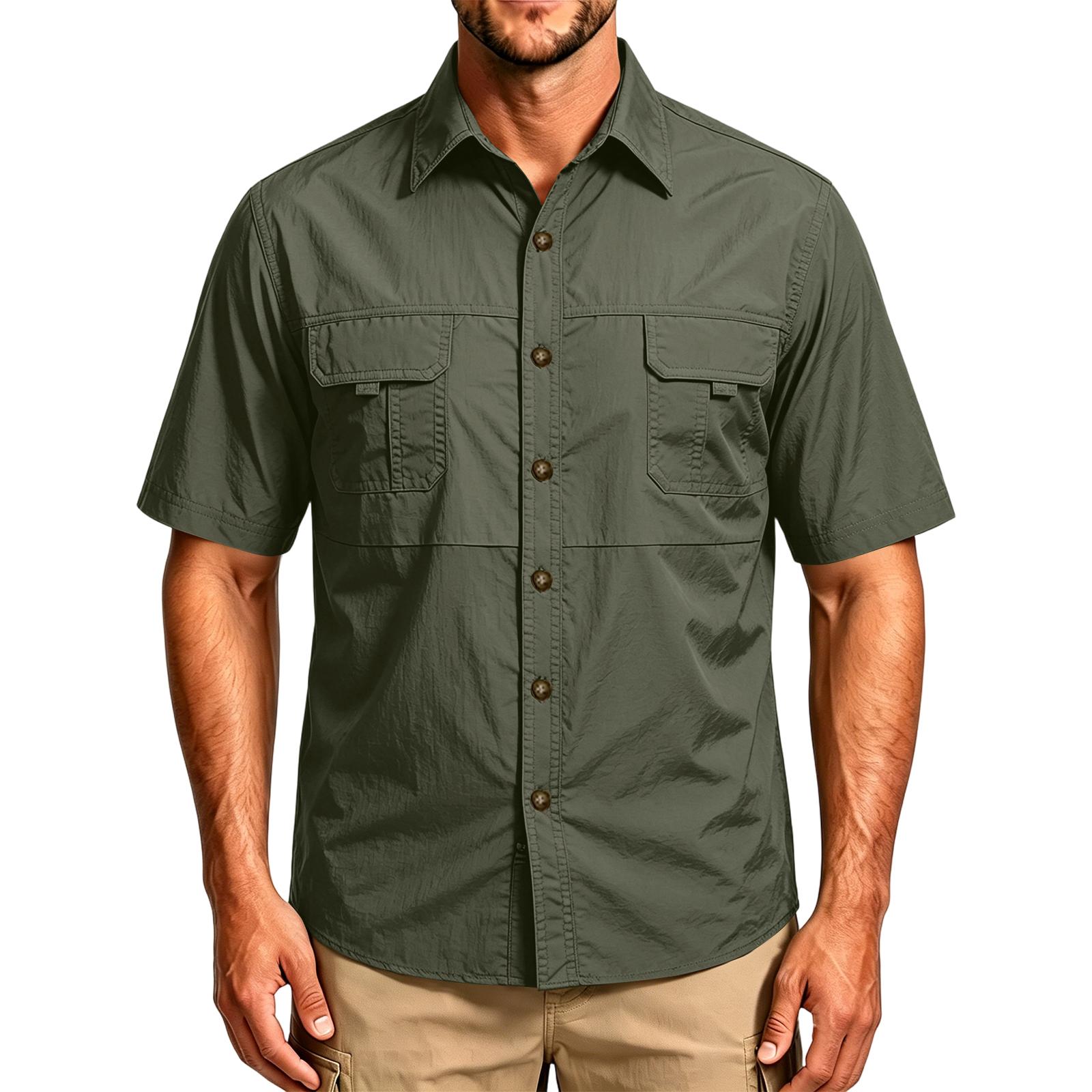 Herren Vintage Arbeitshemd Kurzarm Lässig Button-Down mit Mehreren Taschen Leichtes Strapazierfähiges Gewebe für Outdoor-Aktivitäten XXL armee grüne