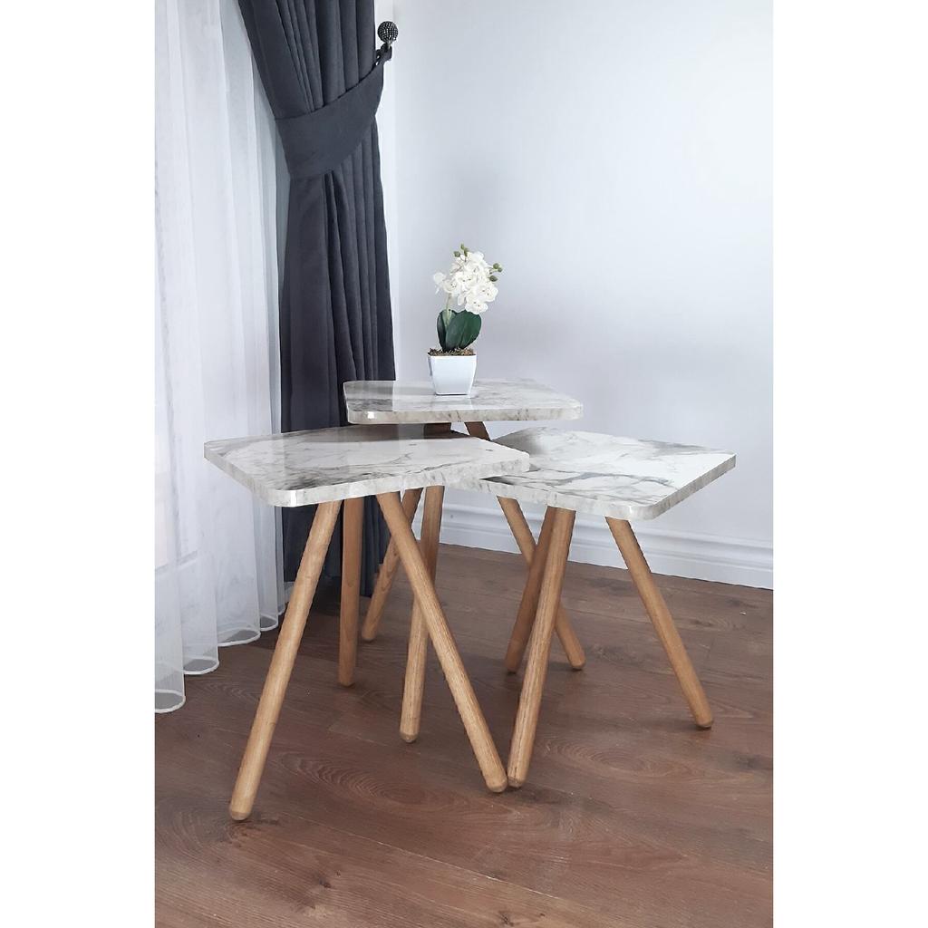 Triple Nesting Coffee Table Wooden Legs Square Design Pine Pattern